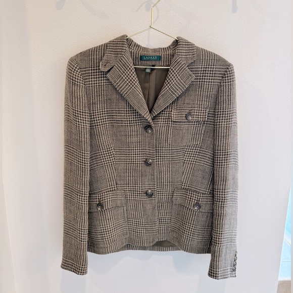 Ralph Lauren | Vintage Women’s Linen Tweed Glenn Plaid Blazer Brown Tan Size 10 - Picture 1 of 3